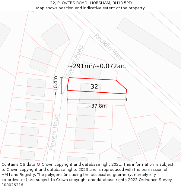 32, PLOVERS ROAD, HORSHAM, RH13 5PD: Plot and title map