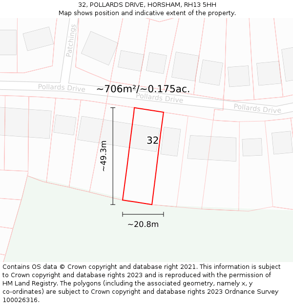 32, POLLARDS DRIVE, HORSHAM, RH13 5HH: Plot and title map