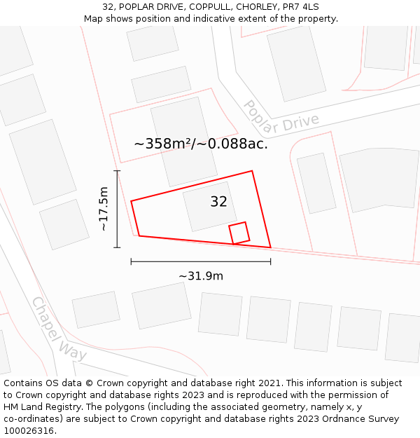 32, POPLAR DRIVE, COPPULL, CHORLEY, PR7 4LS: Plot and title map