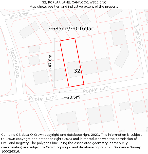 32, POPLAR LANE, CANNOCK, WS11 1NQ: Plot and title map