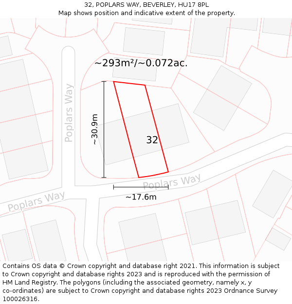 32, POPLARS WAY, BEVERLEY, HU17 8PL: Plot and title map