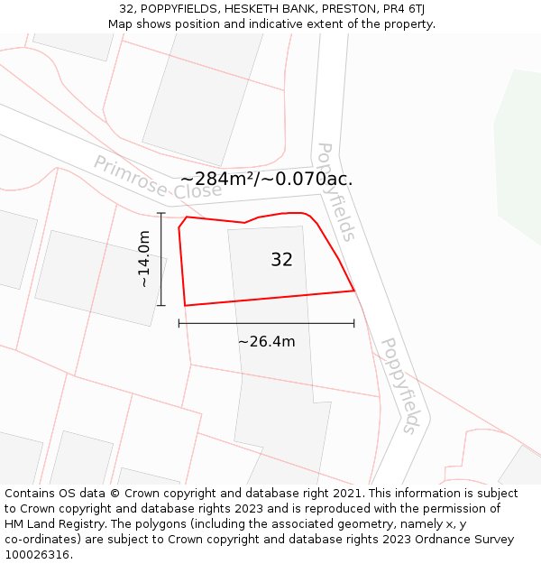 32, POPPYFIELDS, HESKETH BANK, PRESTON, PR4 6TJ: Plot and title map