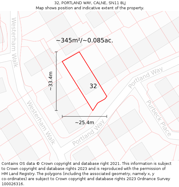 32, PORTLAND WAY, CALNE, SN11 8LJ: Plot and title map