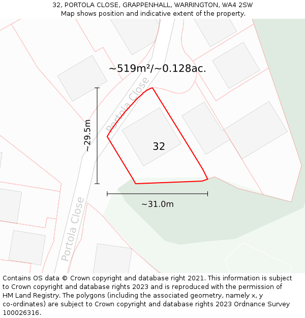 32, PORTOLA CLOSE, GRAPPENHALL, WARRINGTON, WA4 2SW: Plot and title map