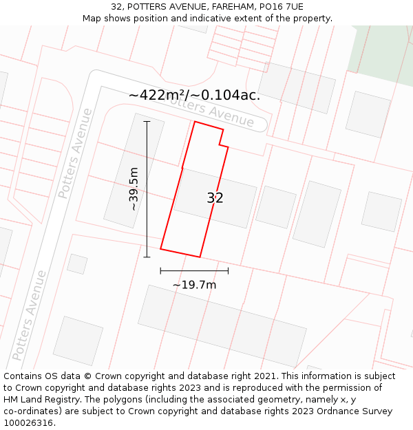 32, POTTERS AVENUE, FAREHAM, PO16 7UE: Plot and title map