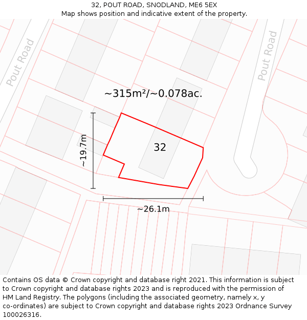 32, POUT ROAD, SNODLAND, ME6 5EX: Plot and title map