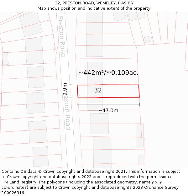 32, PRESTON ROAD, WEMBLEY, HA9 8JY: Plot and title map