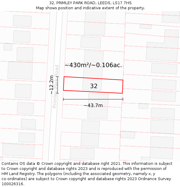 32, PRIMLEY PARK ROAD, LEEDS, LS17 7HS: Plot and title map