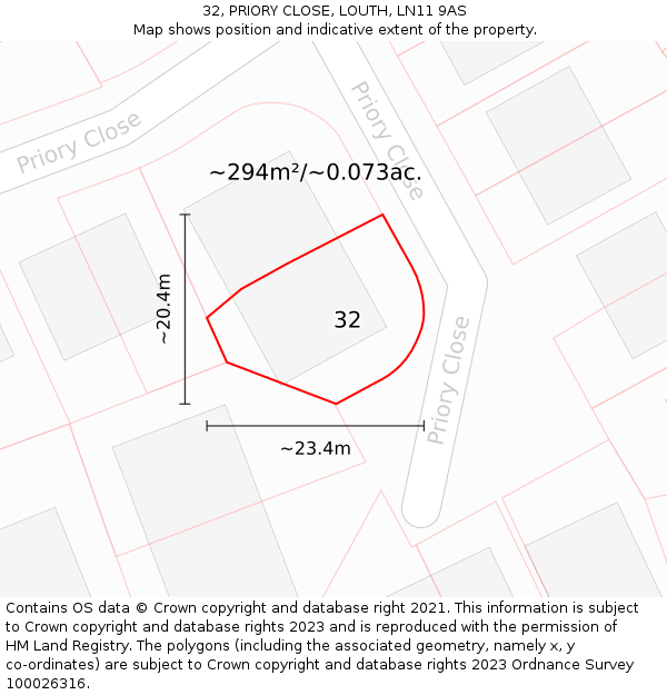 32, PRIORY CLOSE, LOUTH, LN11 9AS: Plot and title map