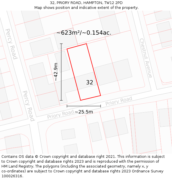 32, PRIORY ROAD, HAMPTON, TW12 2PD: Plot and title map