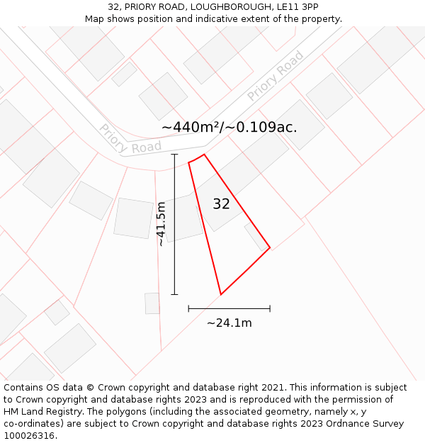 32, PRIORY ROAD, LOUGHBOROUGH, LE11 3PP: Plot and title map