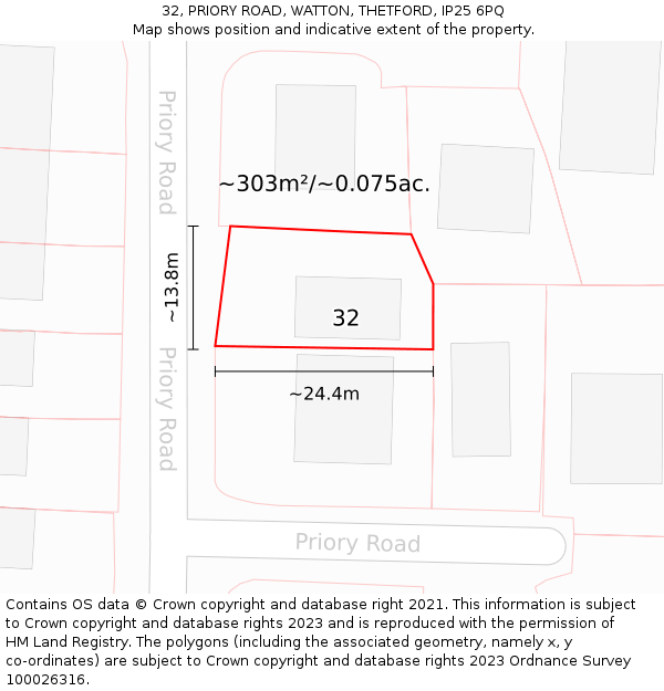 32, PRIORY ROAD, WATTON, THETFORD, IP25 6PQ: Plot and title map