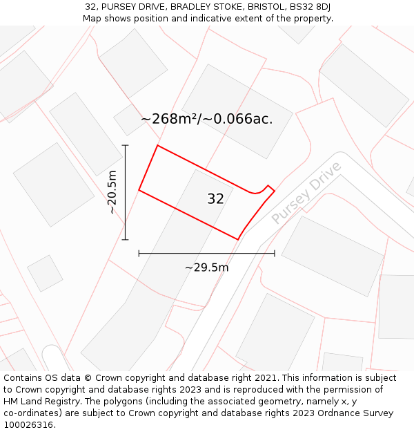 32, PURSEY DRIVE, BRADLEY STOKE, BRISTOL, BS32 8DJ: Plot and title map