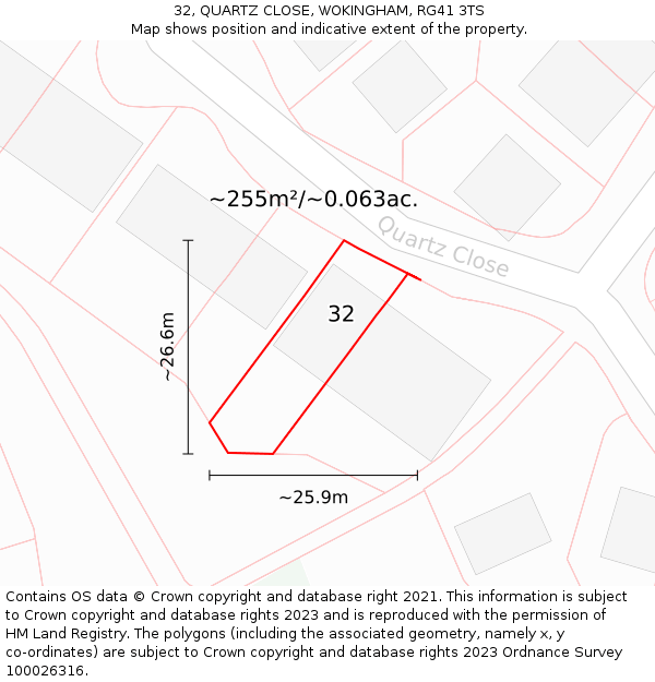 32, QUARTZ CLOSE, WOKINGHAM, RG41 3TS: Plot and title map