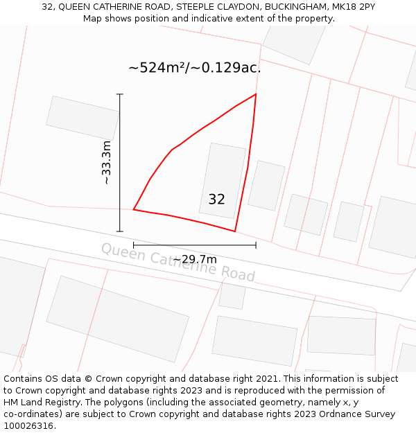 32, QUEEN CATHERINE ROAD, STEEPLE CLAYDON, BUCKINGHAM, MK18 2PY: Plot and title map