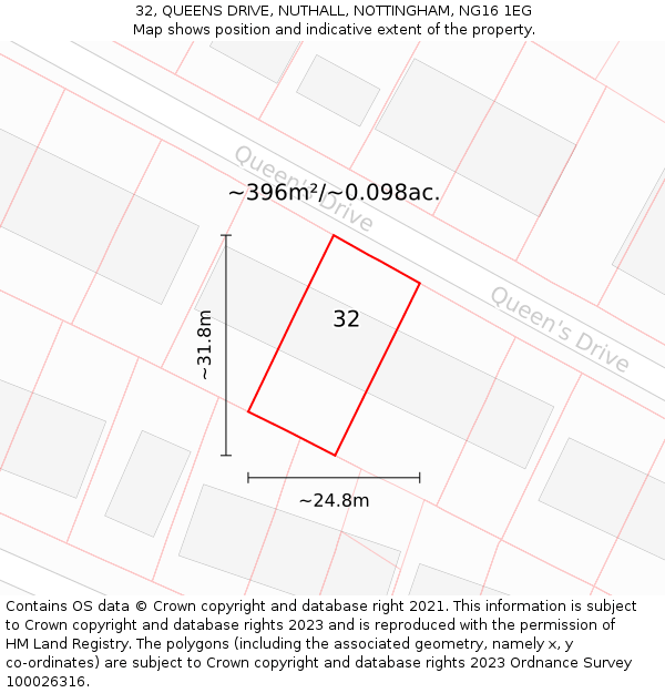 32, QUEENS DRIVE, NUTHALL, NOTTINGHAM, NG16 1EG: Plot and title map