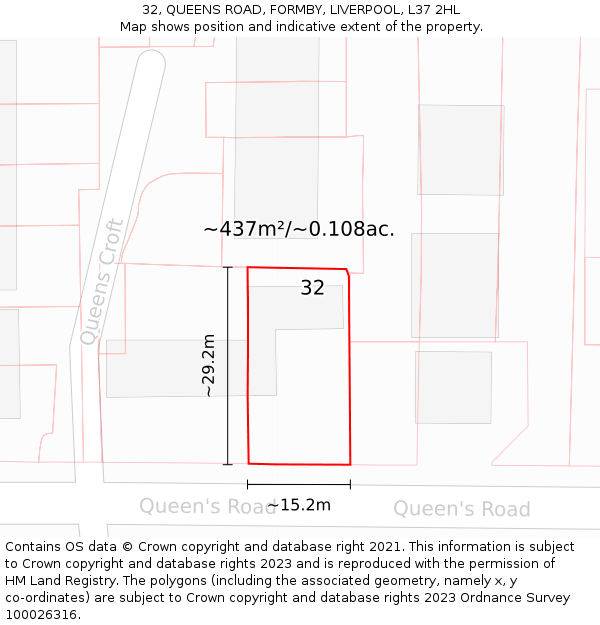 32, QUEENS ROAD, FORMBY, LIVERPOOL, L37 2HL: Plot and title map