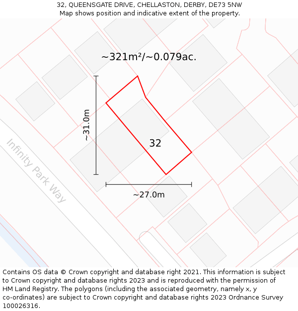 32, QUEENSGATE DRIVE, CHELLASTON, DERBY, DE73 5NW: Plot and title map