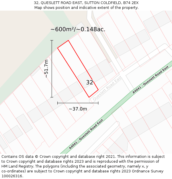 32, QUESLETT ROAD EAST, SUTTON COLDFIELD, B74 2EX: Plot and title map