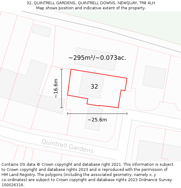 32, QUINTRELL GARDENS, QUINTRELL DOWNS, NEWQUAY, TR8 4LH: Plot and title map