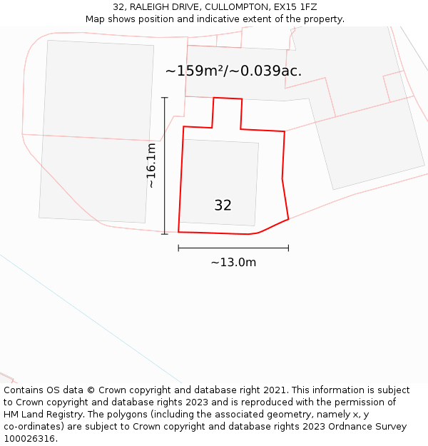 32, RALEIGH DRIVE, CULLOMPTON, EX15 1FZ: Plot and title map