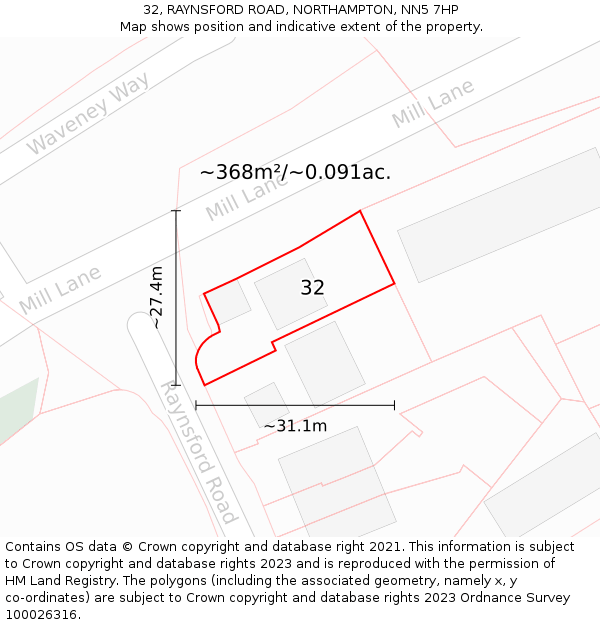 32, RAYNSFORD ROAD, NORTHAMPTON, NN5 7HP: Plot and title map