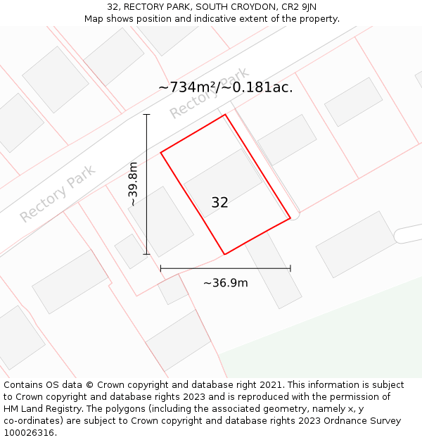 32, RECTORY PARK, SOUTH CROYDON, CR2 9JN: Plot and title map