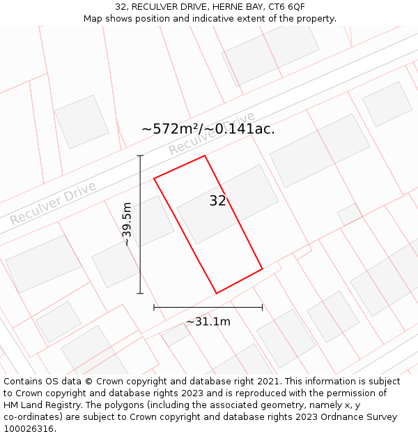 32, RECULVER DRIVE, HERNE BAY, CT6 6QF: Plot and title map