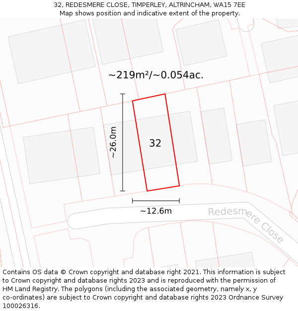 32, REDESMERE CLOSE, TIMPERLEY, ALTRINCHAM, WA15 7EE: Plot and title map