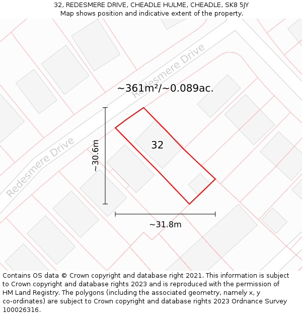 32, REDESMERE DRIVE, CHEADLE HULME, CHEADLE, SK8 5JY: Plot and title map