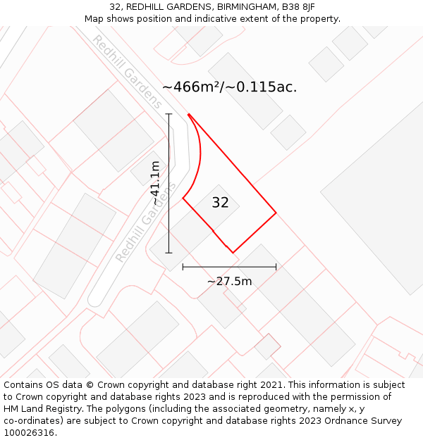 32, REDHILL GARDENS, BIRMINGHAM, B38 8JF: Plot and title map