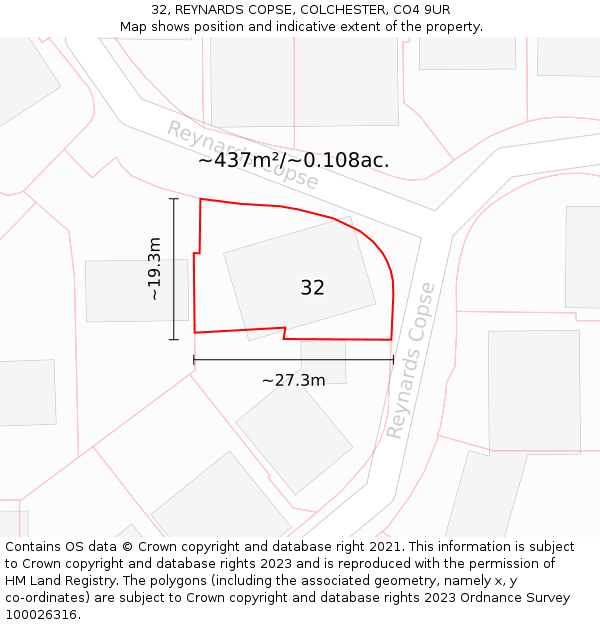 32, REYNARDS COPSE, COLCHESTER, CO4 9UR: Plot and title map