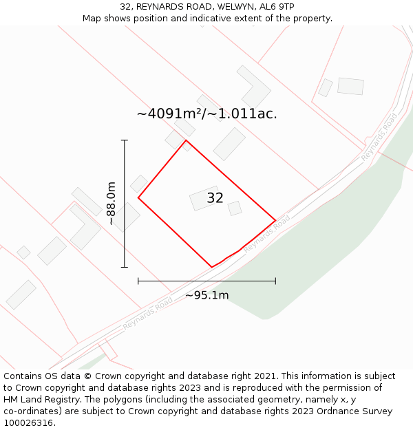 32, REYNARDS ROAD, WELWYN, AL6 9TP: Plot and title map