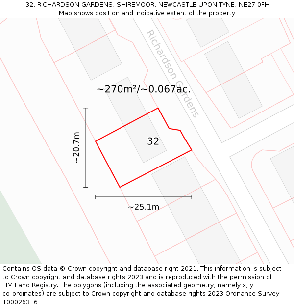 32, RICHARDSON GARDENS, SHIREMOOR, NEWCASTLE UPON TYNE, NE27 0FH: Plot and title map