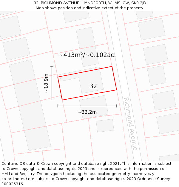 32, RICHMOND AVENUE, HANDFORTH, WILMSLOW, SK9 3JD: Plot and title map