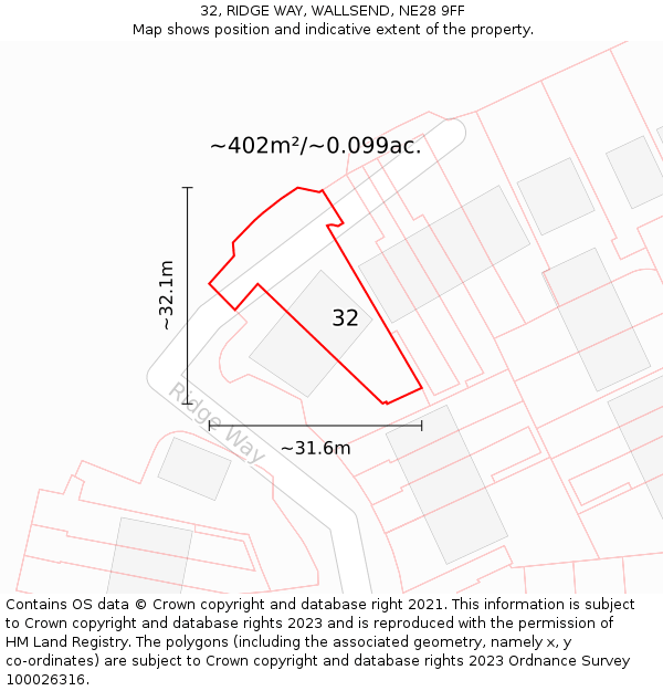 32, RIDGE WAY, WALLSEND, NE28 9FF: Plot and title map