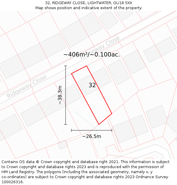 32, RIDGEWAY CLOSE, LIGHTWATER, GU18 5XX: Plot and title map