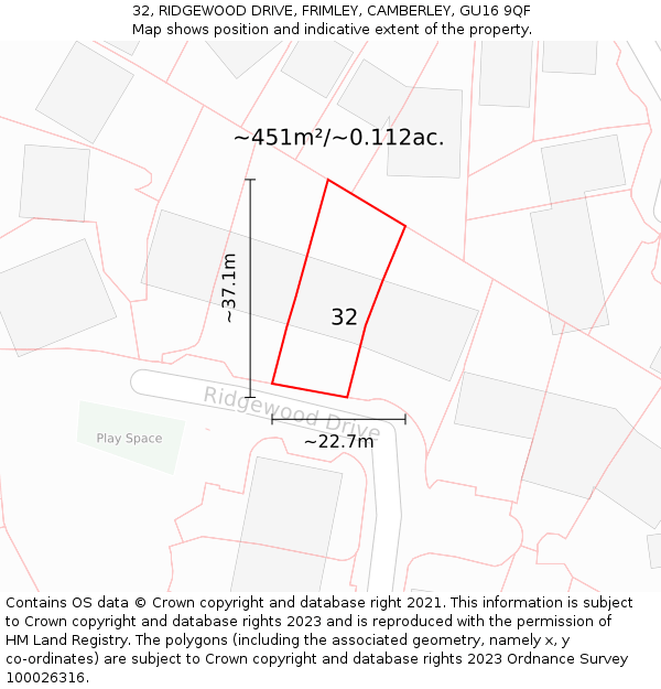 32, RIDGEWOOD DRIVE, FRIMLEY, CAMBERLEY, GU16 9QF: Plot and title map