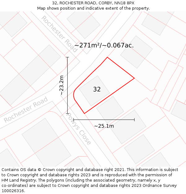 32, ROCHESTER ROAD, CORBY, NN18 8PX: Plot and title map