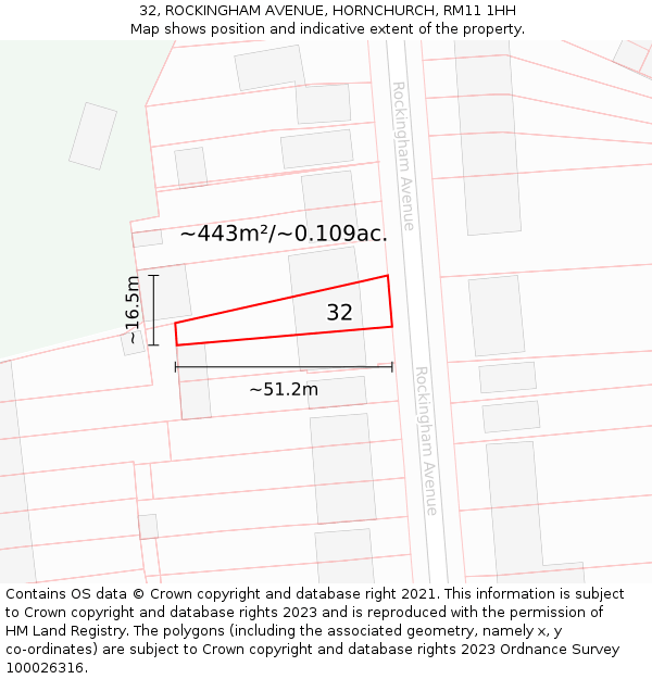 32, ROCKINGHAM AVENUE, HORNCHURCH, RM11 1HH: Plot and title map