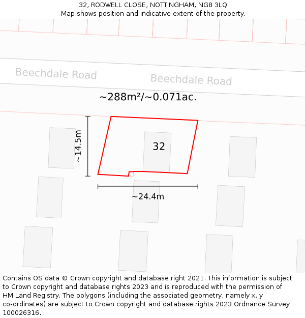 32, RODWELL CLOSE, NOTTINGHAM, NG8 3LQ: Plot and title map