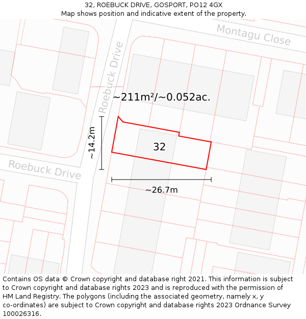 32, ROEBUCK DRIVE, GOSPORT, PO12 4GX: Plot and title map