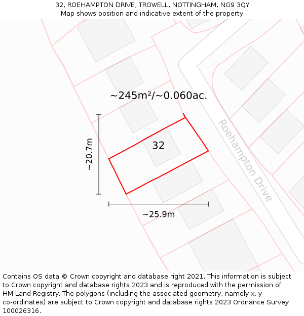 32, ROEHAMPTON DRIVE, TROWELL, NOTTINGHAM, NG9 3QY: Plot and title map