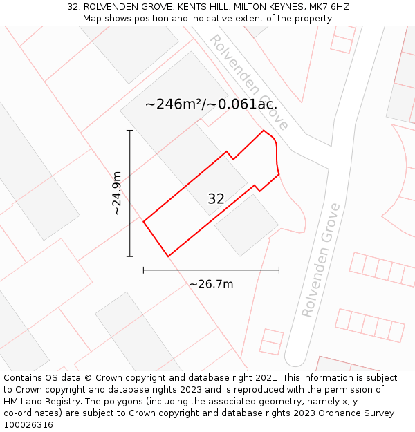 32, ROLVENDEN GROVE, KENTS HILL, MILTON KEYNES, MK7 6HZ: Plot and title map