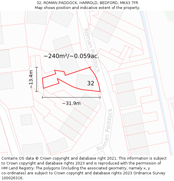 32, ROMAN PADDOCK, HARROLD, BEDFORD, MK43 7FR: Plot and title map