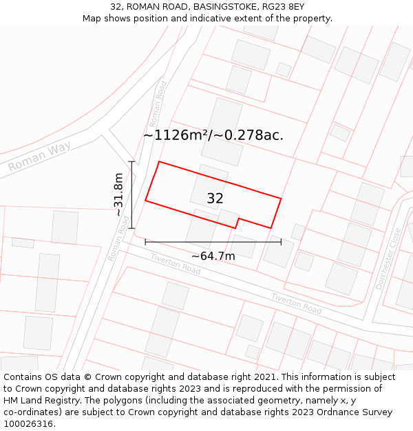 32, ROMAN ROAD, BASINGSTOKE, RG23 8EY: Plot and title map