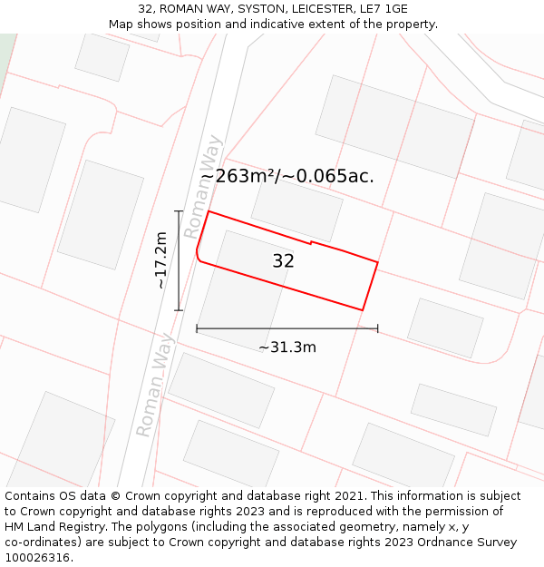 32, ROMAN WAY, SYSTON, LEICESTER, LE7 1GE: Plot and title map