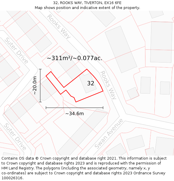 32, ROOKS WAY, TIVERTON, EX16 6FE: Plot and title map