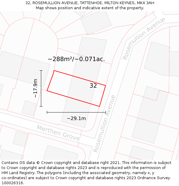 32, ROSEMULLION AVENUE, TATTENHOE, MILTON KEYNES, MK4 3AH: Plot and title map