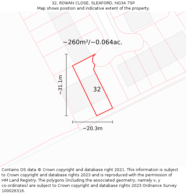 32, ROWAN CLOSE, SLEAFORD, NG34 7SP: Plot and title map